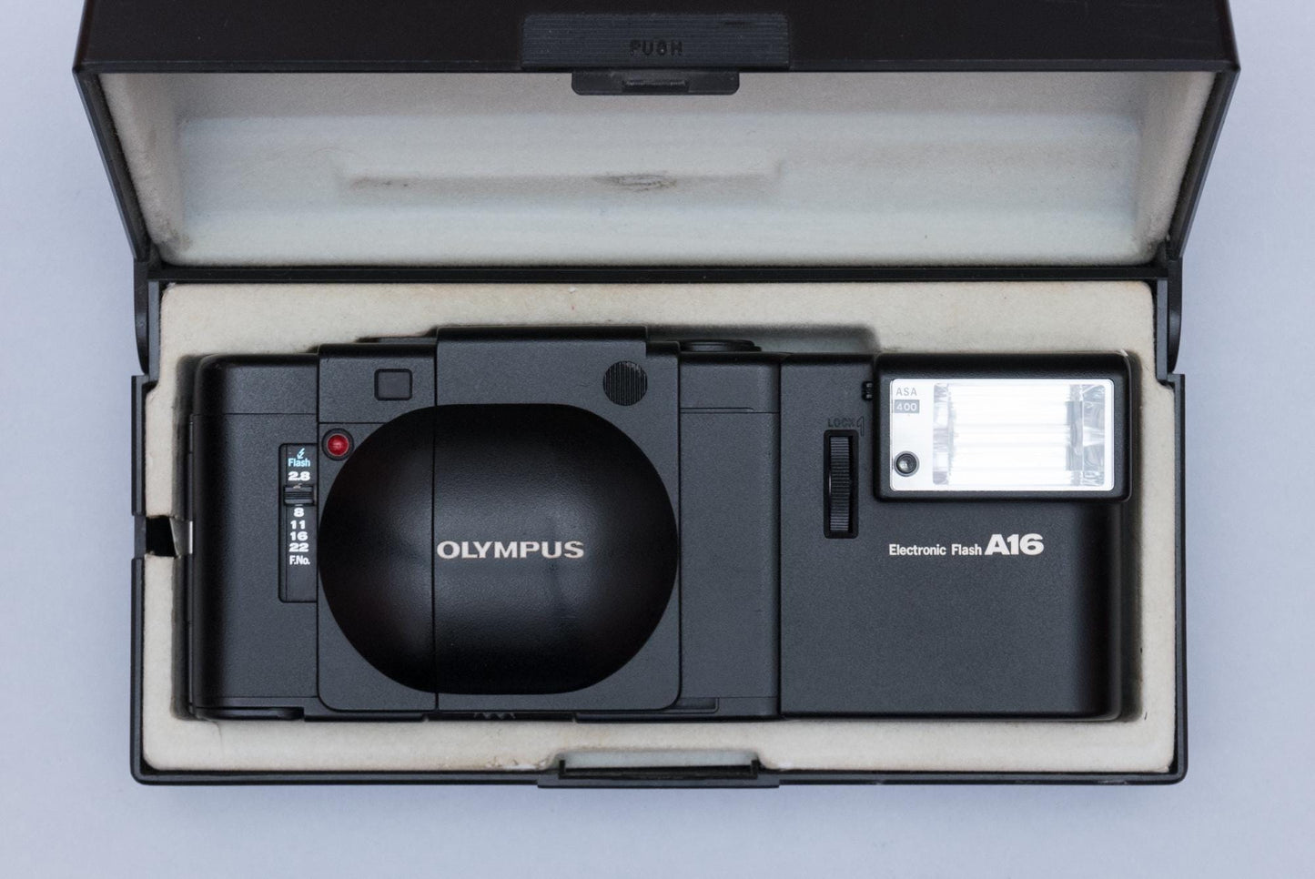 Olympus XA Compact Rangefinder Film Camera with Zuiko 2.8/35mm lens and A16 Flash and Box