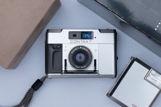 Contax T Silver Rangefinder Compact Film Camera Carl Zeiss Sonnar Lens and Flash