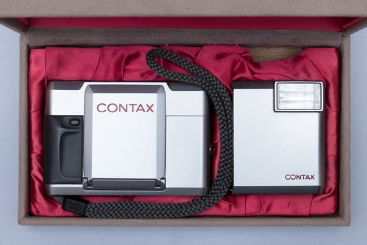 Contax T Silver Rangefinder Compact Film Camera Carl Zeiss Sonnar Lens and Flash
