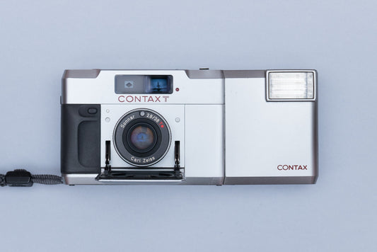 Contax T Silver Rangefinder Compact Film Camera Carl Zeiss Sonnar Lens and Flash