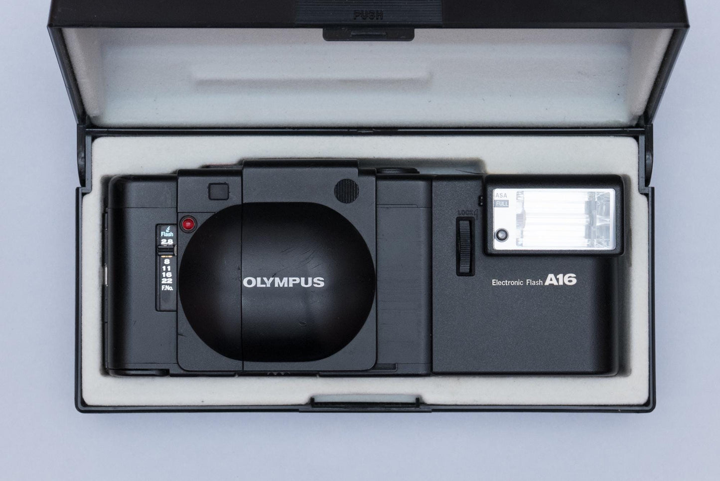 Olympus XA Compact Rangefinder Film Camera with Zuiko 2.8/35mm lens and A16 Flash and Box